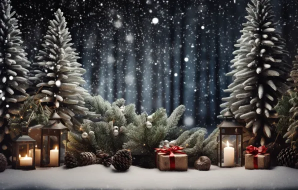 Winter, snow, decoration, night, tree, New Year, Christmas, lantern