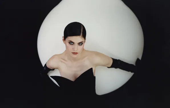 Actress, brunette, black background, brunette, black background, actress, Alexandra Daddario, bare shoulders