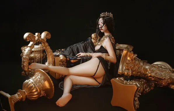 Decoration, sexy, gold, legs, Asian, black background, cutie, musical instruments