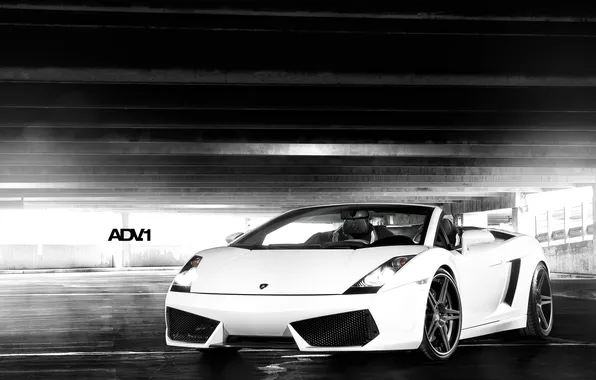 White, light, the inscription, garage, Lamborghini, supercar, Gallardo, Spyder