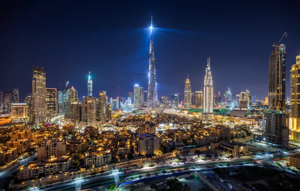 Road, night, the city, lights, view, building, tower, skyscrapers