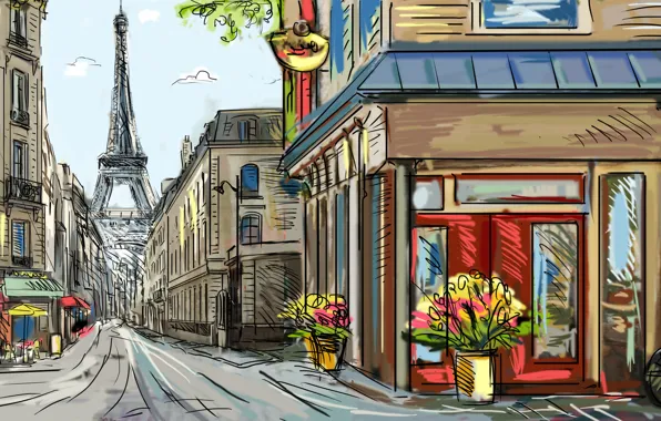 Picture flowers, bike, street, Paris, Eiffel tower, painting