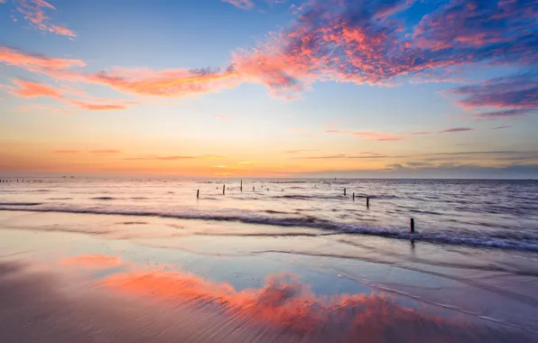 Picture sand, the sky, clouds, reflection, dawn, shore, coast, morning