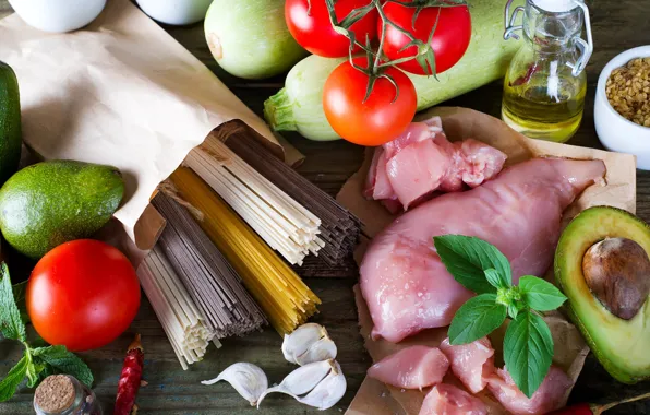 Meat, tomatoes, garlic, avocado, pasta, zucchini, Basil