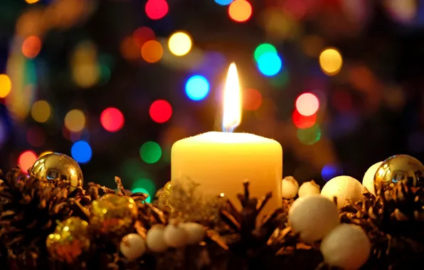 Picture winter, balls, lights, flame, holiday, new year, candles, lights