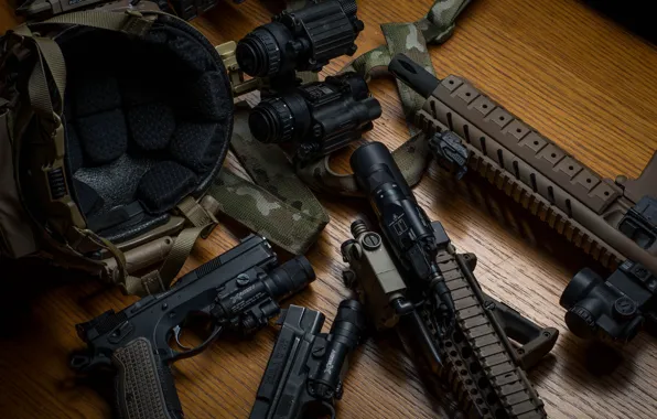 Gun, weapons, binoculars, helmet