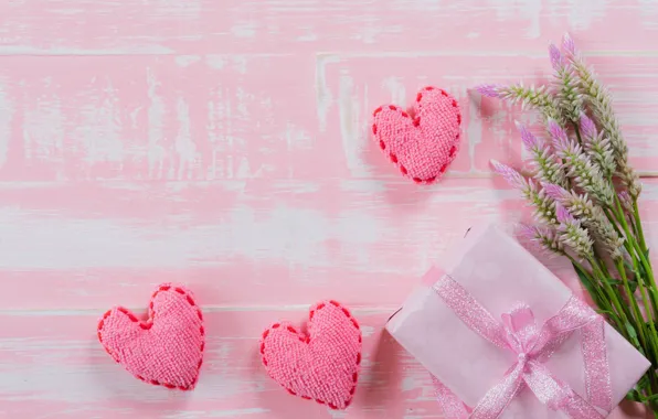 Love, flowers, background, pink, gift, hearts, love, wood