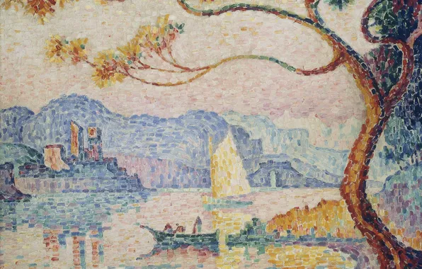 Picture landscape, tower, picture, Antibes, Paul Signac, pointillism, Antibes. the Small Port of Bacon