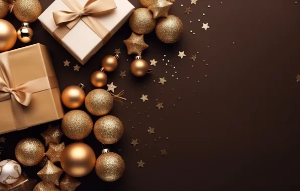 Decoration, background, gift, balls, new year, Christmas, golden, Christmas
