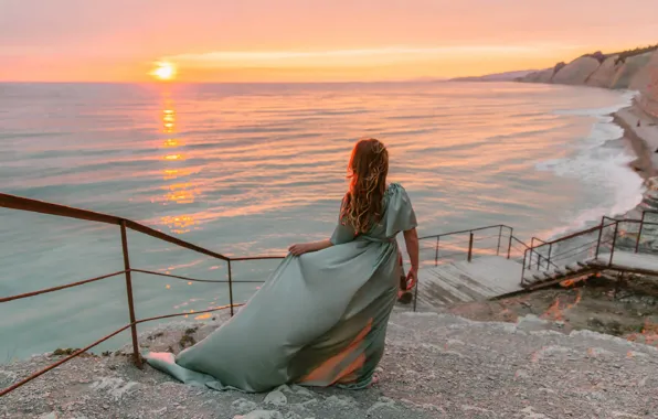 Picture sea, girl, sunset, pose, the wind, back, dress, ladder