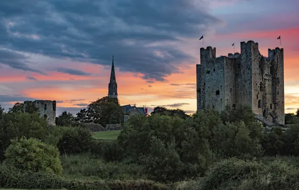 Clouds, trees, sunset, castle, thickets, Church, tower, flags