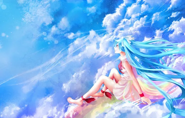 Picture girl, clouds, smile, the wind, calm, rainbow, vocaloid, hatsune miku
