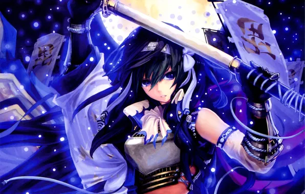 Look, girl, night, weapons, the moon, katana, art, tachikawa mushimaro