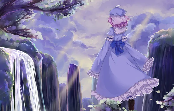 Picture girl, landscape, tree, rocks, waterfall, branch, art, touhou