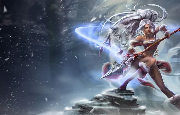 Picture cold, cat, girl, snow, spear, league of legends, nidalee