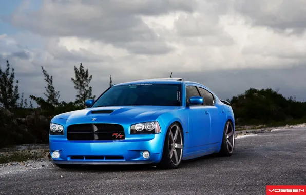 Clouds, blue, vossen, Dodge Charger R/T