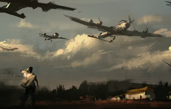 The sky, clouds, the plane, war, people, art, flying army