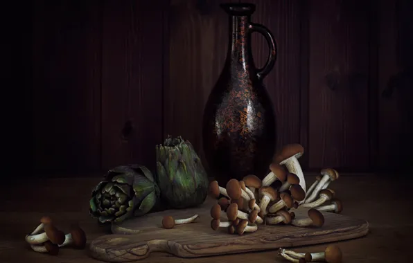 Mushrooms, pitcher, still life, artichoke