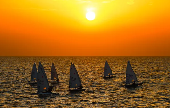 Sea, the sky, the sun, sunset, boat, yacht, sail, regatta