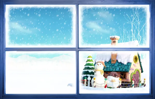 New year, window, snowmen