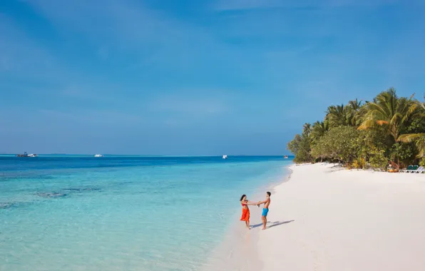 Picture beach, palm trees, the ocean, romance, pair, white sand