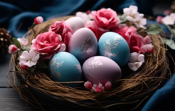 Flowers, holiday, bright, eggs, spring, blue, Easter, socket