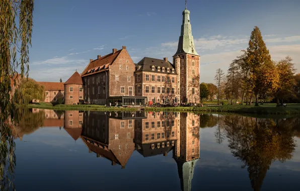 Pond, reflection, castle, Germany, Raesfeld