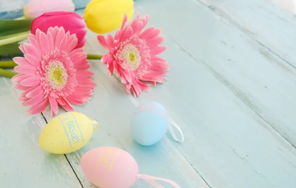Flowers, basket, eggs, spring, colorful, Easter, gerbera, wood