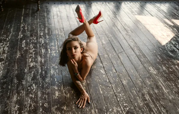 Look, girl, pose, Board, body, hands, legs, on the floor