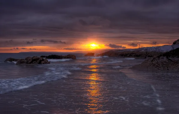 Sea, wave, clouds, sunset