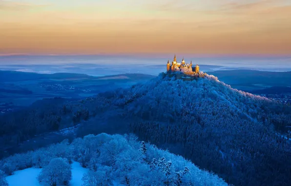 Picture forest, lights, mountain, Germany, Hohenzollern castle