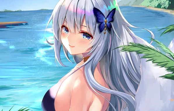 Girl, sexy, cleavage, beach, long hair, sea, boobs, anime