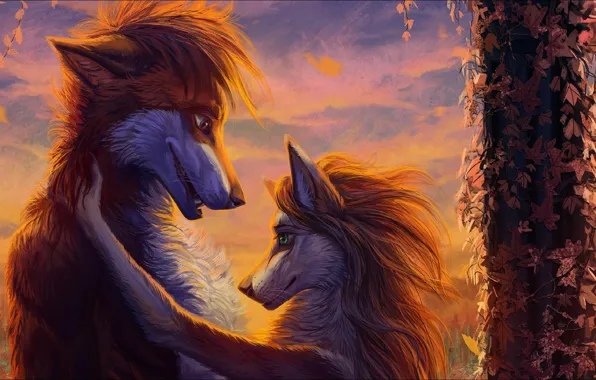 Love, fantasy, Art, two, painting, wolves, picture