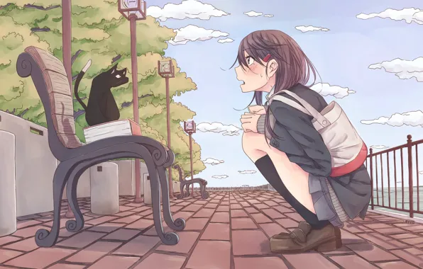 Picture cat, the sky, girl, art, shop, promenade, rutchifu