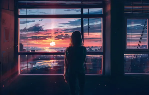 Girl, sunset, the city, room, back, view, Windows, art