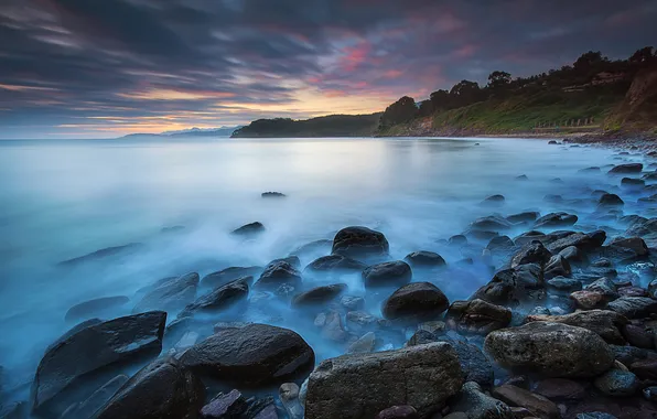 Sea, clouds, stones, dawn, shore, morning