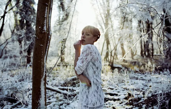 Winter, forest, girl
