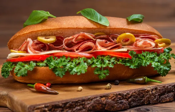Food, cheese, sandwich, tomatoes, olives, parsley, roll, Basil