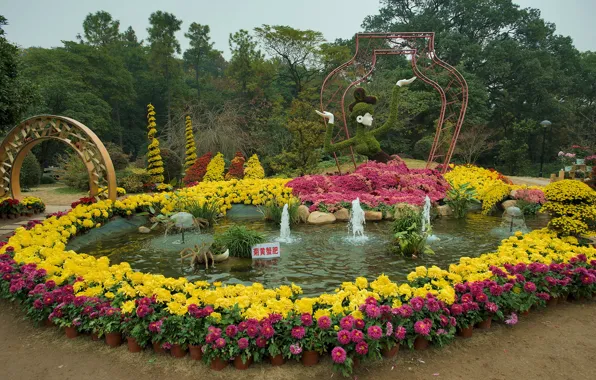 Trees, flowers, design, Park, track, China, arch, fountain