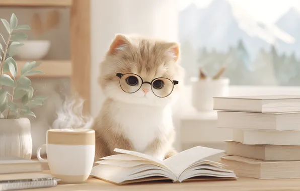 Cat, look, mountains, pose, kitty, table, tea, books