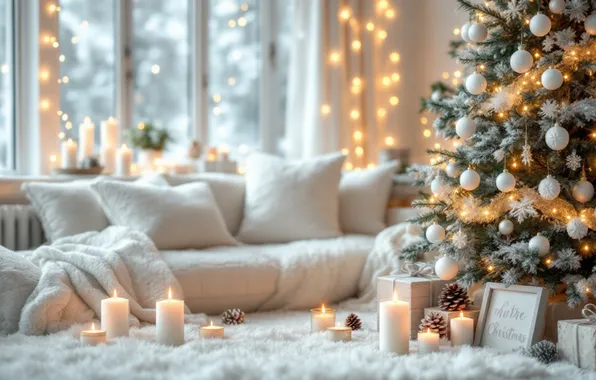 Sofa, interior, pillow, candles, Christmas, New year, herringbone, garland
