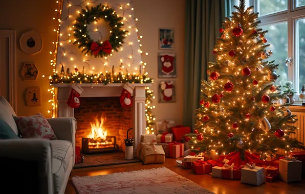 Balls, room, sofa, Christmas, New year, fireplace, garland, wreath