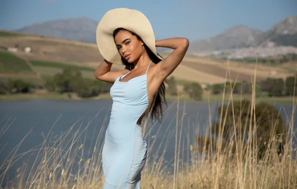 Long hair, nature, Lupe, lake, model, gorgeous, photoshoot, posing