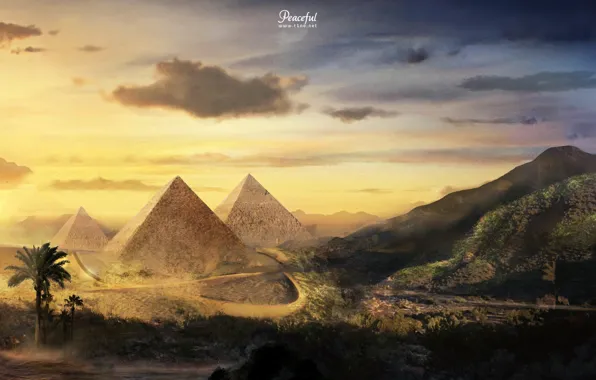 The sky, clouds, mountains, palm trees, pyramid, peaceful