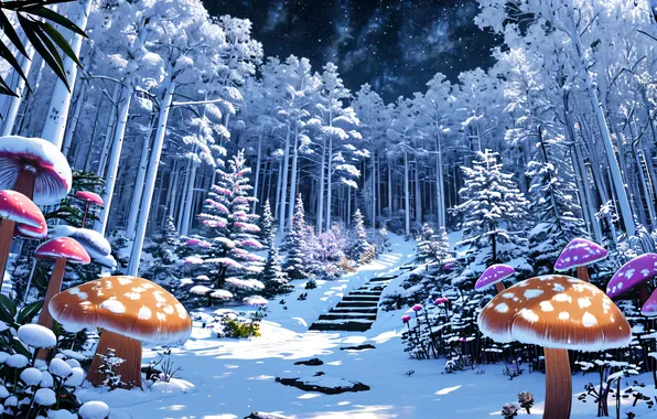 Forest, landscape, mushrooms, fantasy