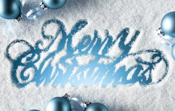 Snow, holiday, the inscription, balls, Christmas, blue, congratulations, Merry Christmas