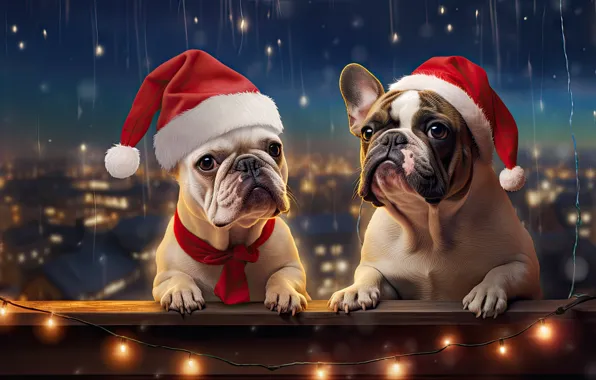 Dogs, look, lights, dog, Christmas, gifts, New year, a couple