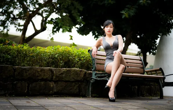 Picture girl, sexy, neckline, Asian, bench, dress, beautiful legs