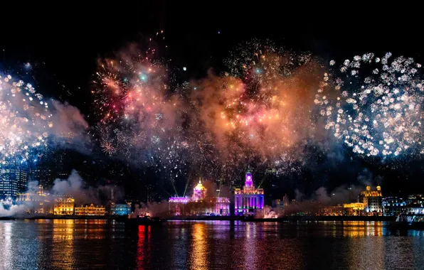 Night, lights, salute, China, Shanghai, fireworks, harbour
