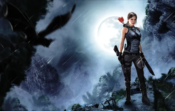 Girl, rendering, skull, bat, arrows, lara croft, tomb raider, shotgun